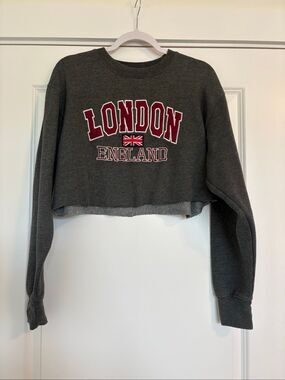 Zone One Embroidered London England Cropped Grey Sweatshirt Size Large